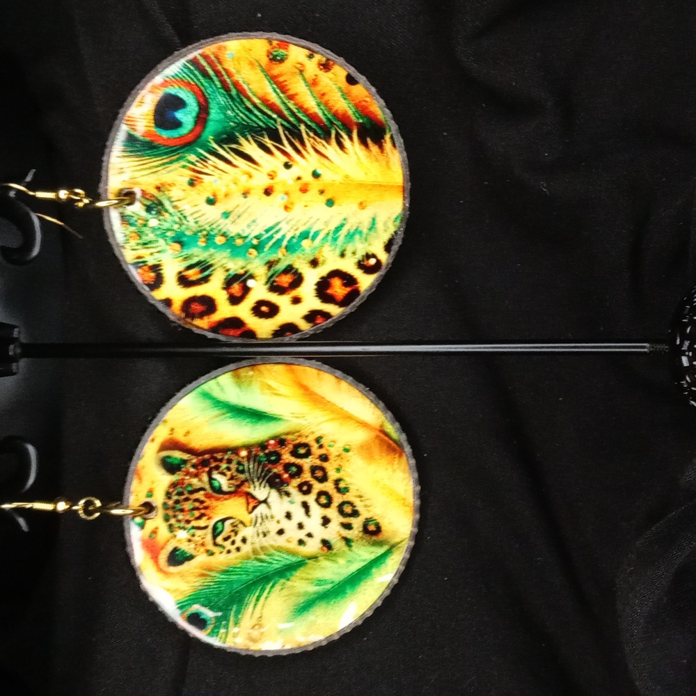 Leopard & Peacock Print Earrings with Peach Accents